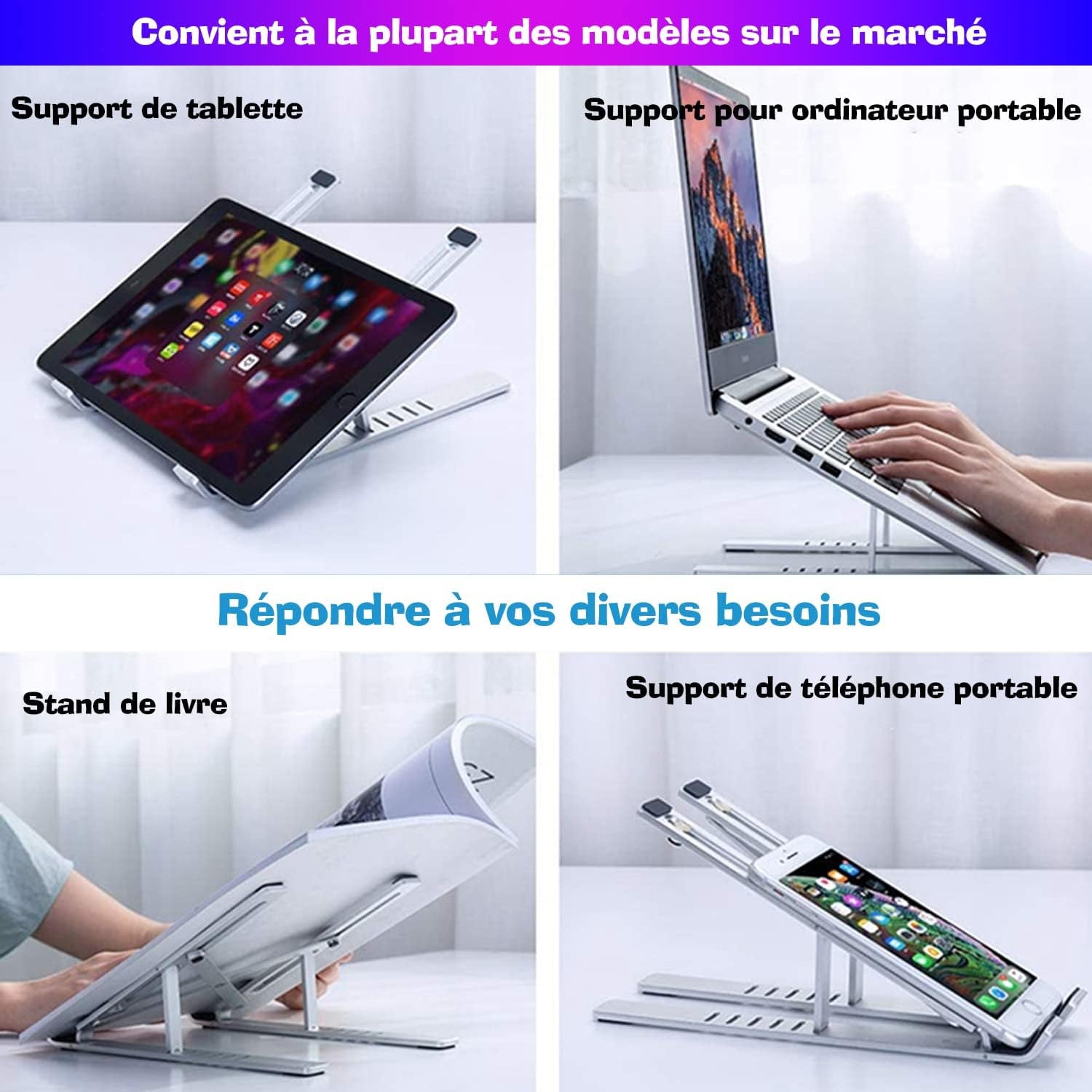 Support Portable Pliant pour Ordinateur Portable – 10″–17″ • Aluminium Argenté