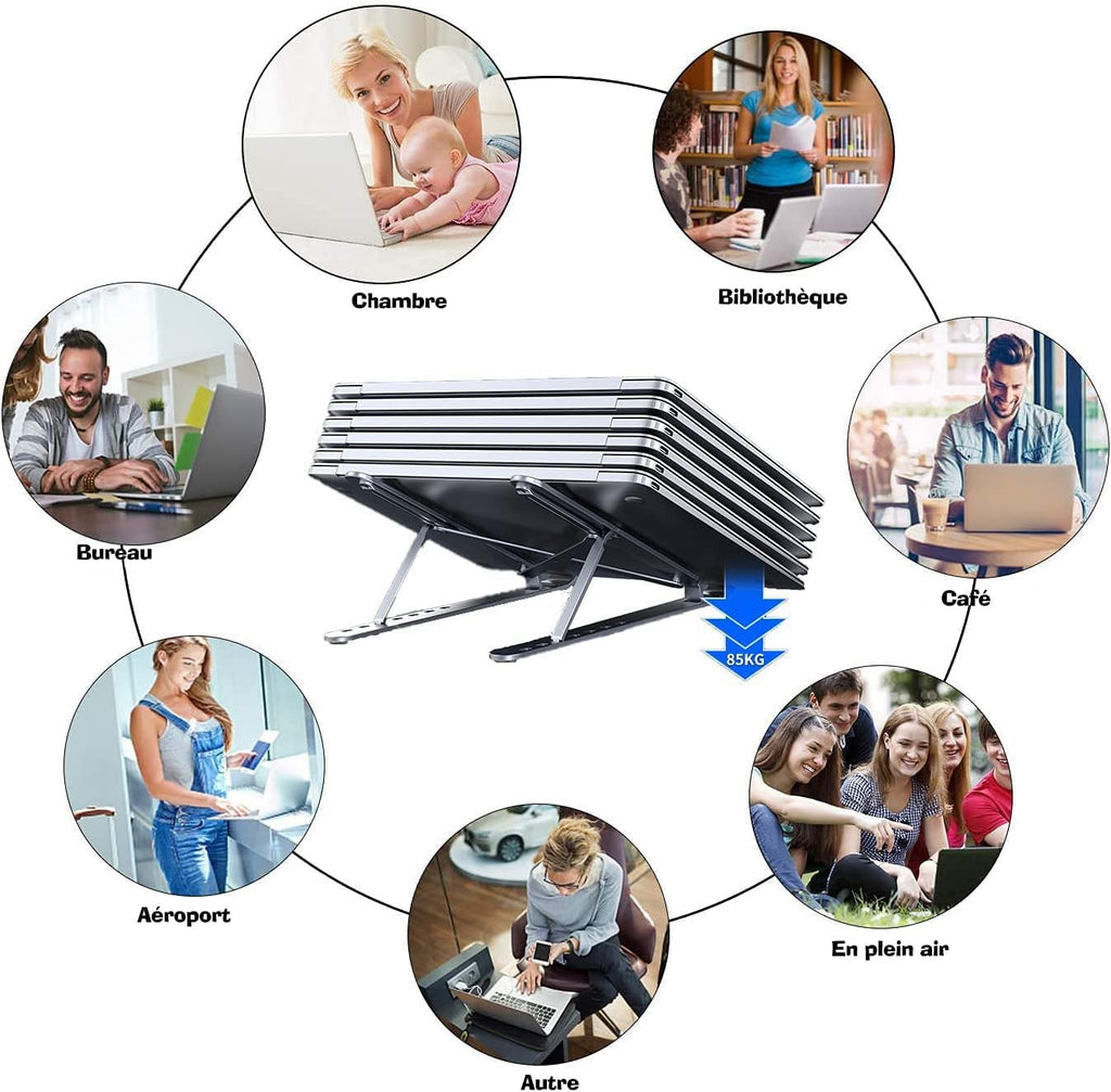 Support Portable Pliant pour Ordinateur Portable – 10″–17″ • Aluminium Argenté