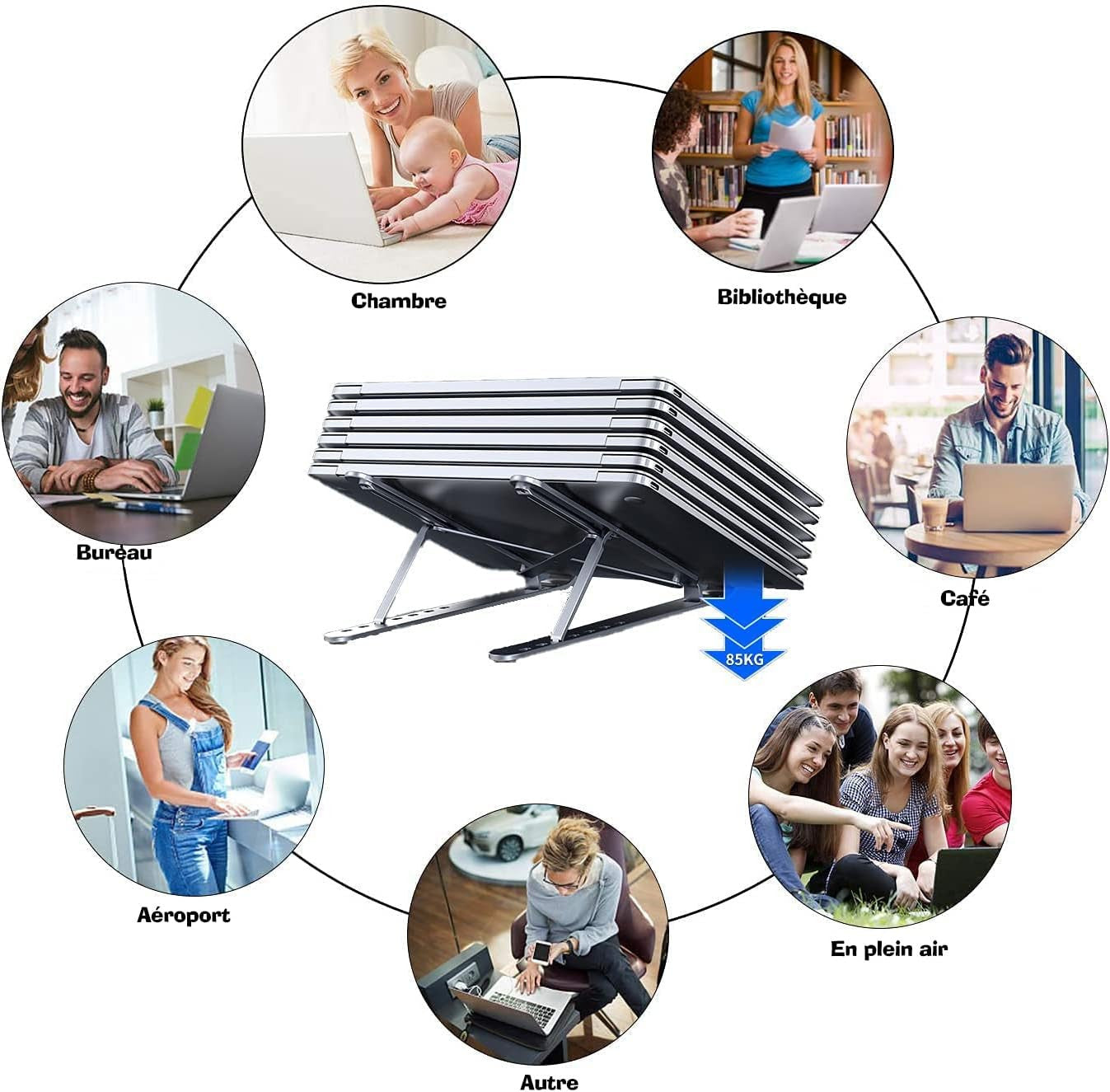 Support Portable Pliant pour Ordinateur Portable – 10″–17″ • Aluminium Argenté