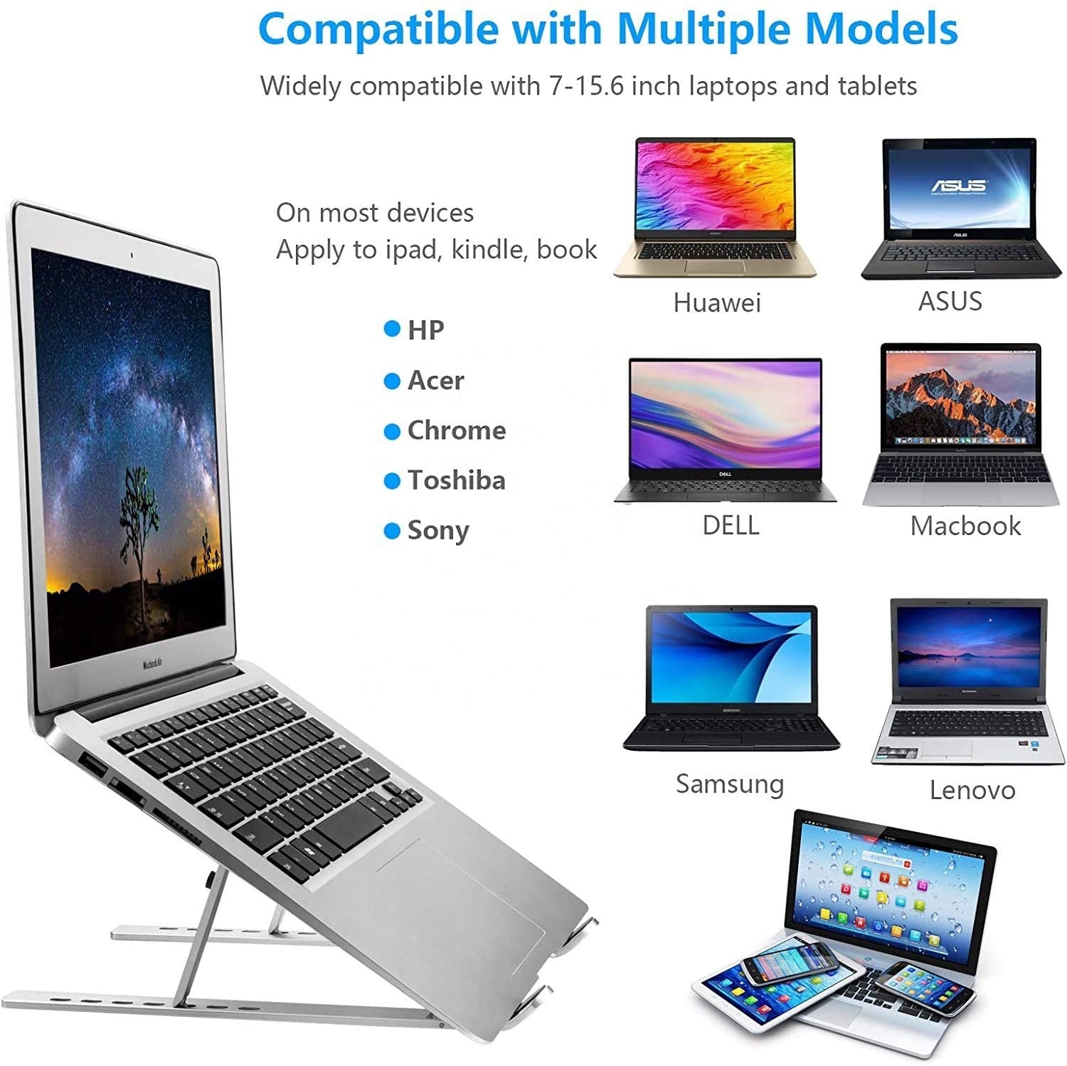 Support Portable Pliant pour Ordinateur Portable – 10″–17″ • Aluminium Argenté
